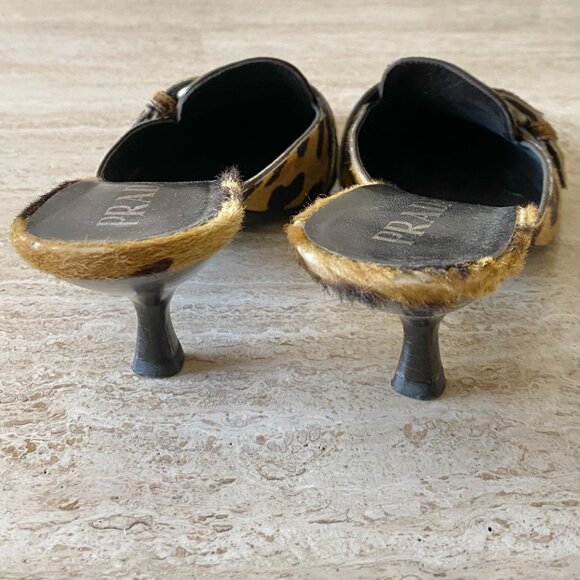 Vintage Prada Leopard Pony Hair Buckle Kitten Heel Mules - Picture 6 of 10